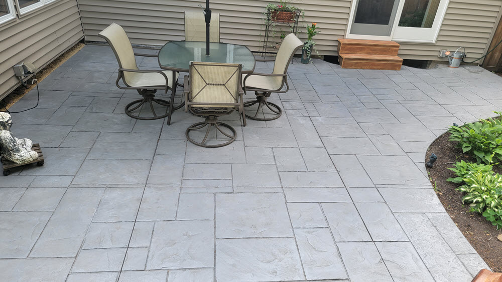 Vermont slate stamped concrete patio, installed by Creative Concrete Vermont slate stamped concrete patio, installed by Creative Concrete