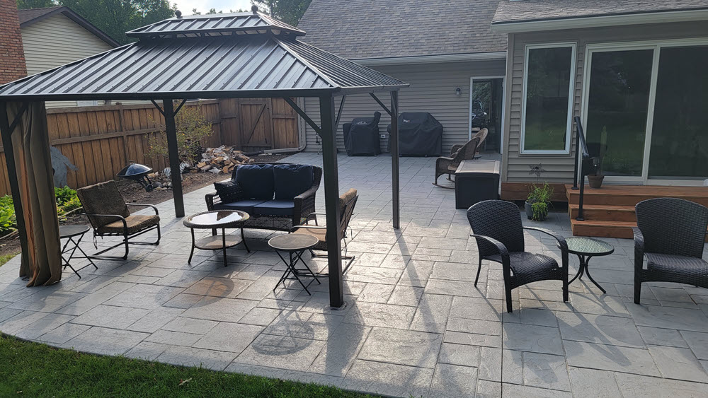 Vermont slate stamped concrete patio, installed by Creative Concrete Vermont slate stamped concrete patio, installed by Creative Concrete