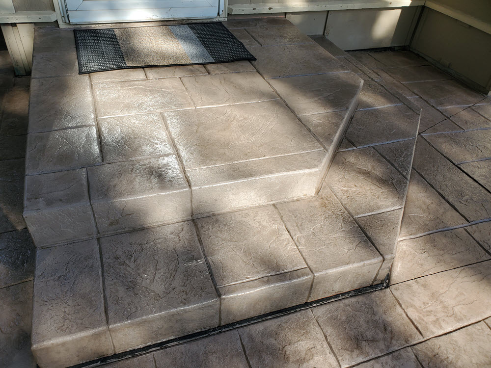 Vermont slate stamped concrete patio steps & patio, installed by Creative Concrete Vermont slate stamped concrete patio steps & patio, installed by Creative Concrete